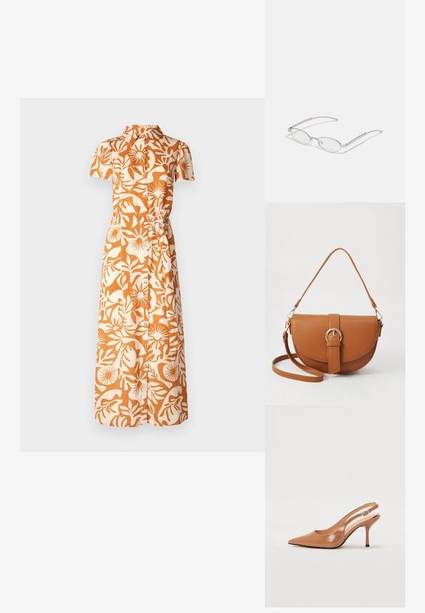Lühikeste varrukatega kleit oranžis ja beežis lillemustriga, millel on krae, nööbid ja vöötatud talje detail.; Küüntega slingback konts, mis on valmistatud siledast ja läikivast tan värvi materjalist. Omab kaarjat lõigatud disaini ja õhukest stiletto kontsa. Hõbedane pandla detail.; Ovaalsed prillid metallisel hõbedasel raamile, selged läätsed ja tekstuuriga helmedega tempelaktsentidega. Kerge konstruktsioon kaarjate kätega.; Pruun nahast õlakott, millel on kumer kuju, kullavärvi riistvara ja pandlaga kaunistus. Omab eemaldatavat õlarihma.