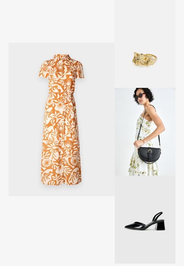 Trumpas rankovės suknelė oranžinės ir smėlio spalvos su gėlių raštu, turinti apykaklę, mygtukus ir juosmens aptempimo detalę.; Juodos lakuotos odinės šlepetės su smailiu pirštu ir geometriniu bloko kulnu. Turi elegantišką, minimalistinį dizainą ir lygų paviršių.; Juodas odinis krepšys su išlenkta forma, nuimamu dirželiu ir auksiniais detalėmis. Krepšys turi kilpą su sagtimi.; Aukso žiedas su tekstūruotu, banguotu dizainu, turintis tris iškilias viršūnes. Lygus, blizgus paviršius su atviromis juostelėmis, leidžiančiomis reguliuoti dydį.