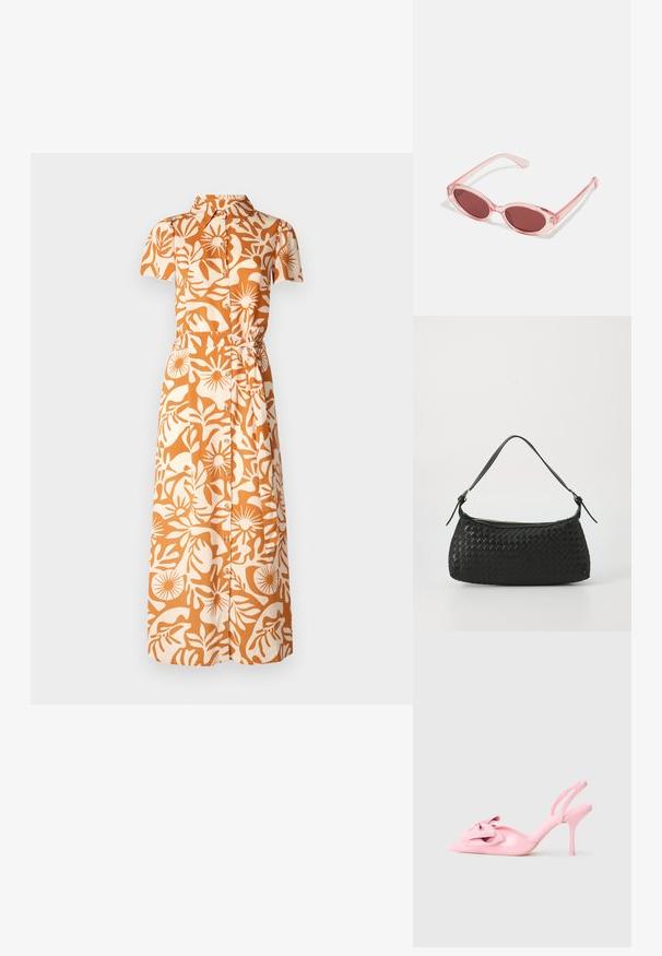 Lühikeste varrukatega kleit oranžis ja beežis lillemustriga, millel on krae, nööbid ja vöötatud talje detail.; Roosa patendise nahast slingback-kontsadega kingad, millel on terav nina, dekoratiivne pael ees ja õhuke stiletto-kontsa. Sile tekstuur.; Roosa läbipaistvusega prillid ovaalsete läätsedega, tumepunase varjundiga ja peenikeste varsidega, millel on sile viimistlus ja peened detailid raamile.; Must mustriga õlakott sujuvate nahkliistude ja tõmblukuga. Omab tekstuurset pinda ja kaarjat kuju.