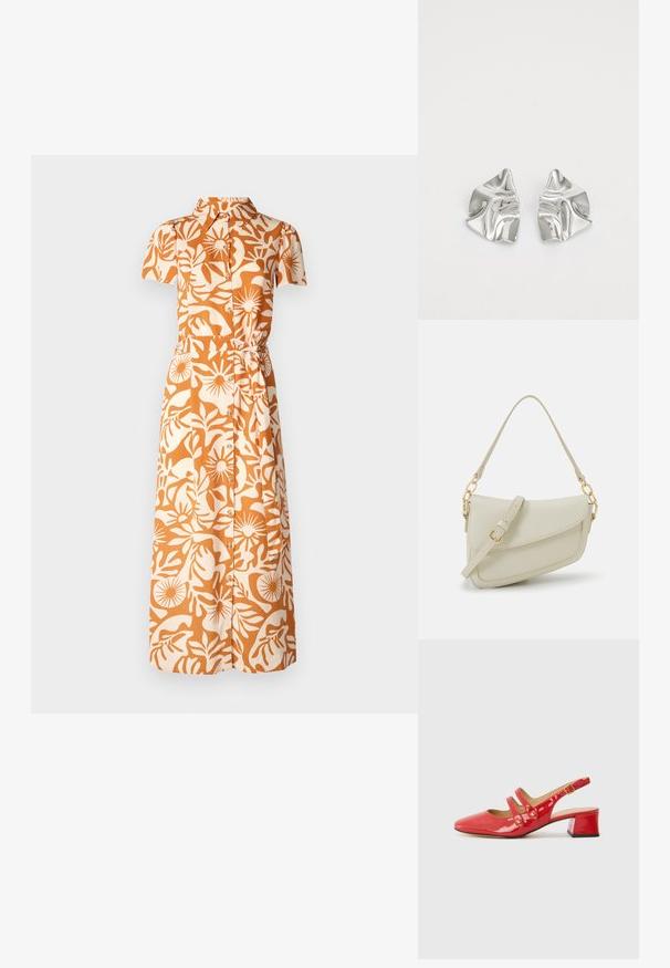 Kurzes Kleid in Orange und Beige mit floralem Muster, ausgestattet mit einem Kragen, Knöpfen und einem taillierten Detail.; Rote Lackleder Slingback-Schuhe mit spitz zulaufender Zehe, zwei Riemen-Design mit runden Akzenten und einem niedrigen Blockabsatz.; Kleine cremefarbene Handtasche mit strukturiertem Finish, einem langen verstellbaren Tragegurt, einem Kettenakzent und einem Klappenverschluss. Goldene Hardware-Details.; Silberne Metallohrringe mit einem wellenförmigen, skulpturalen Design, das eine polierte Oberfläche und unregelmäßige Formen aufweist, die eine zeitgenössische Ästhetik betonen.