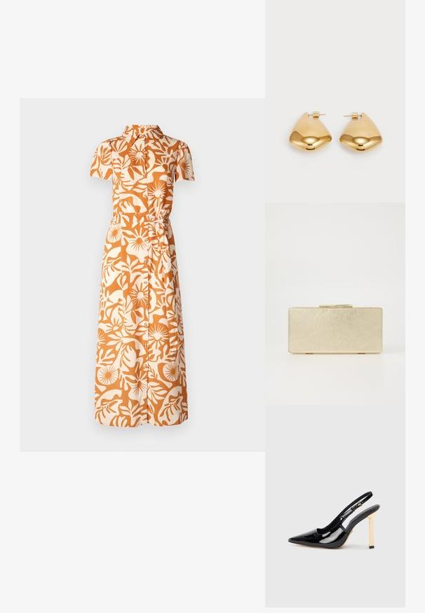 Kurzes Kleid in Orange und Beige mit floralem Muster, ausgestattet mit einem Kragen, Knöpfen und einem taillierten Detail.; Schwarze patentierte Slingback-Pumps mit spitzer Nase und goldfarbigem quadratischem Absatz. Mit verstellbarem Knöchelriemen.; Goldene Clutch mit glatter, metallischer Oberfläche, rechteckiger Form und einem einfachen Druckverschluss. Keine sichtbaren Muster oder Dekorationen.; Goldfarbene Metallohrringe in einer glatten, abgerundeten dreieckigen Form mit Steckverschluss; reflektierende Oberfläche mit minimaler Detailarbeit.