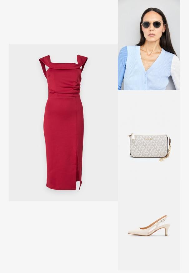 Sile punane midi kleit, mis on valmistatud siledast kangast. Omab ruudukujulist dekolteed, voolavaid õlgu ja külgava, mis lisab eripära.; Valge slingback konts, terava ninaga, siledast ülemisest materjalist, madala ploki kontsaga ja külgse nähtavusega ning reguleeritava pandla rihmaga.; Ringikujulised prillid tumedate läätsede ja kullast raamiga. Mudel on selga pannud helesinise soonikuga kardigani, millel on nupud ja kontrastsed valged varrukad.; Michael Korsi randmevõru beige kaetud kangast, millel on korduv MK logo muster, kuldne riistvara ja eemaldatav ahelistrap.