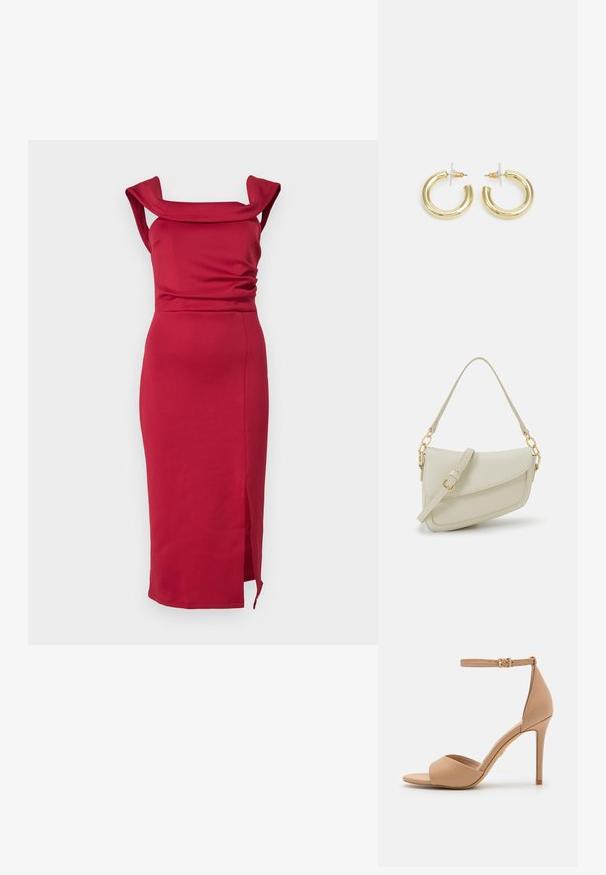 Piros, testhez simuló midi ruha sima anyagból. Négyszögletű dekoltázzsal, redőzött vállakkal és oldalsó sliccsel rendelkezik a plusz részletekért.; ALDO CRERIDE PILLOW WALK - Szandálok - beige; Kis krémszínű táska texturált felülettel, hosszú, állítható pánttal, láncos díszítéssel és fedéllel záródik. Aranyszínű fém részletek.; Arany fülbevalók sima, fényes felülettel. Kör alakú dizájn, amely kis kapoccsal és átlátszó tartozékkal rendelkezik a biztonságos viselés érdekében.
