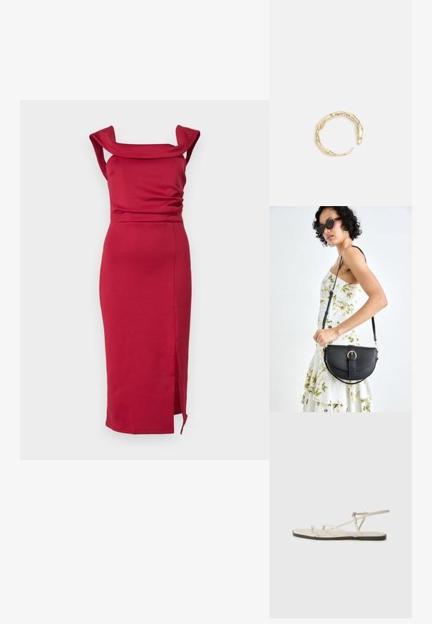 Crvena midi haljina sa uskim krojem izrađena od glatkog materijala. Ima kvadratni izrez, drapirane ramena i bočni prorez za dodatni detalj.; Bež sandala na ravnom potplatu s više tankih trakica i podesivom kopčom. Potplat je ravan s blagim tamnim kontrastom na rubu.; Crna kožna torba s lukovitim oblikom, odvojivim remenom i zlatnim detaljima. Torba ima preklop s kopčom.; Prsten u zlatnoj nijansi s organskim, uvijenim dizajnom, glatkom teksturom i suženim krajevima, koji stvara moderan, skulpturalni izgled.
