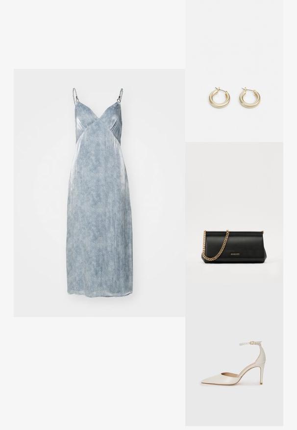 Vestido de seda com alças ajustáveis, em azul claro e com um padrão texturizado. Comprimento médio com um acabamento suave e frente cruzada.; Sapato de salto alto em pele branca com biqueira pontiaguda, faixa no tornozelo e um salto fino de stiletto. Textura suave com um leve acabamento brilhante.; Mala de mão de couro preta com uma alça de corrente dourada, apresentando uma textura suave, forma retangular e uma marca gravada na parte da frente.; Lauren Ralph Lauren BASIC SMALL HOOP - Brincos - gold-coloured