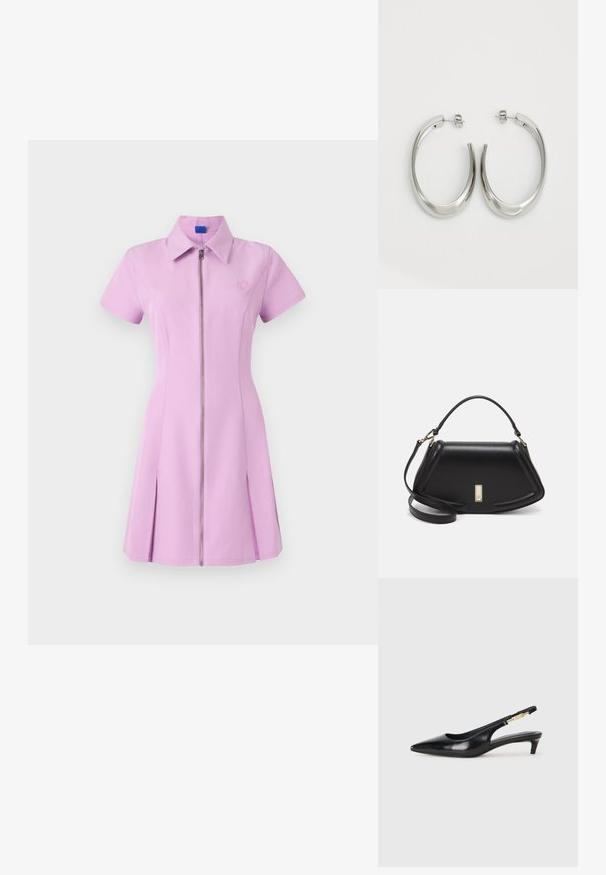 Lyhyttakkinen, vaaleanpunainen, vetoketjullinen mekko, jossa on kaulus, laskostettu hame ja brodeerattu logo rinnassa. Sujuva kangas, jossa on hieman jämäkkä muoto.; Mustat nahkaiset slingback-korkokengät, joissa on terävä kärki, ohuet korot ja kultasävytteinen yksityiskohta säädettävässä hihnassa. Silkkinen pinta.; Mustalla nahkalaukulla, jossa on jämäkkä muotoilu, lyhyt malli, yläkahva ja kultaiset yksityiskohdat. Säädettävä olkahihna sisältyy.; Hope hopeista, joissa on sileä, kaareva muotoilu. Varustettu kiiltävällä metallipinnoitteella ja nappikiinnityksellä. Ei näkyviä kuvioita tai koristeluja.