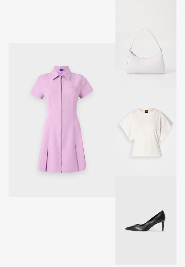 Šviesiai rožinės spalvos trumpomis rankovėmis džinsinė suknelė su užtrauktuku, pasižyminti apykakle, klostuota sijonu ir išsiuvinėtu logotipu krūtinėje. Sklandus audinys su šiek tiek struktūrizuota forma.; Baltas trumpas marškinėliai, plačios trumpomis rankovėmis, minkšta medvilnė, apvali kaklo iškirptė su subtiliu oranžiniu apvadu, minimalus dizainas, be raštų ar grafikų.; Juodas odinis bateliai su smailiu pirštu ir plonu kulnu, lygia tekstūra ir be akivaizdžių papuošimų. Švarus dizainas su minimalistine estetika.; Rožinė odinė petneša su išlenktu dizainu, užtrauktuko uždarymu ir sidabro spalvos aksesuarais. Minimalistinis logotipas priekyje.