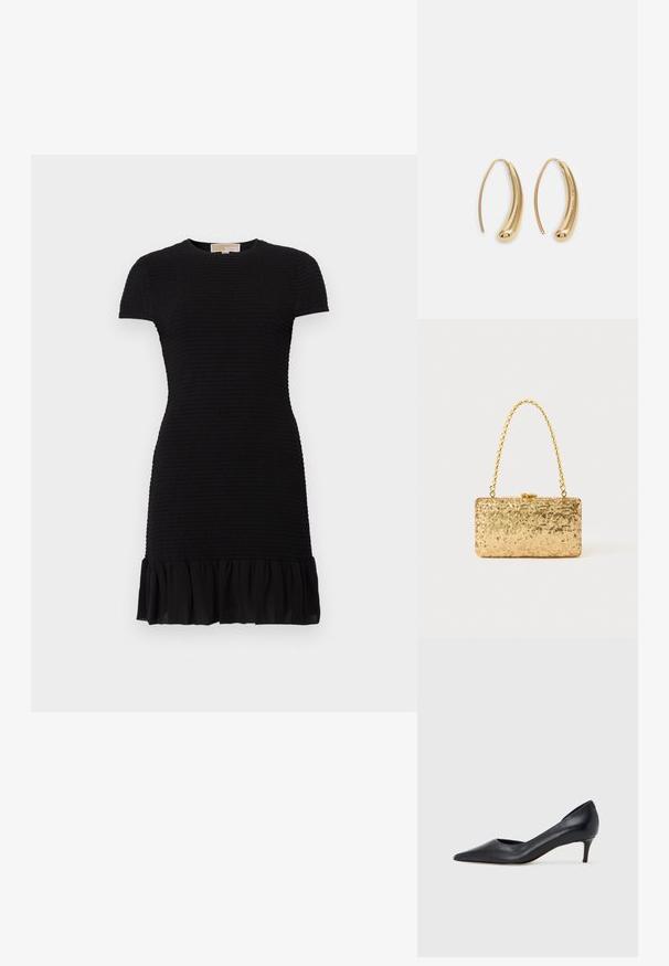 Vestido preto com mangas curtas, tecido texturizado, silhueta ajustada e bainha com volantes em forma de flares. Material suave e leve ao longo de todo o vestido.; Sapato de salto alto preto em pele com bico fino e salto baixo. Apresenta uma textura suave e brilho subtil. Corte aberto na parte da frente para um detalhe adicional.; Clutch dourada em lantejoulas com formato retangular, apresentando uma alça de corrente torcida e um fecho de metal, refletindo a luz com um acabamento texturizado.; Brincos em metal dourado com forma de arco alongado e curvado. Apresentam uma superfície lisa e brilhante, com uma ponta arredondada para um detalhe adicional.