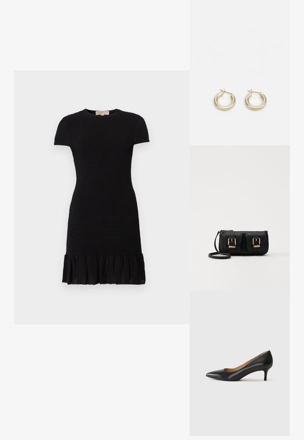 Crna haljina s kratkim rukavima, teksturirana tkanina, prilagođena silueta i lepršavi volanasti rub. Glatki, lagani materijal kroz cijelu haljinu.; Crne kožne cipele s uskim vrhom, niskom petom i glatkom teksturom. Imaju blago otvaranje sprijeda i minimalne metalne detalje straga.; Crna kožna torba preko ramena s dva prednja džepa, zlatnim kopčama, zatvaranjem na zip i uskim remenom. Teksturirana površina i kompaktan pravokutan oblik.; Lauren Ralph Lauren BASIC SMALL HOOP - Naušnice - gold-coloured