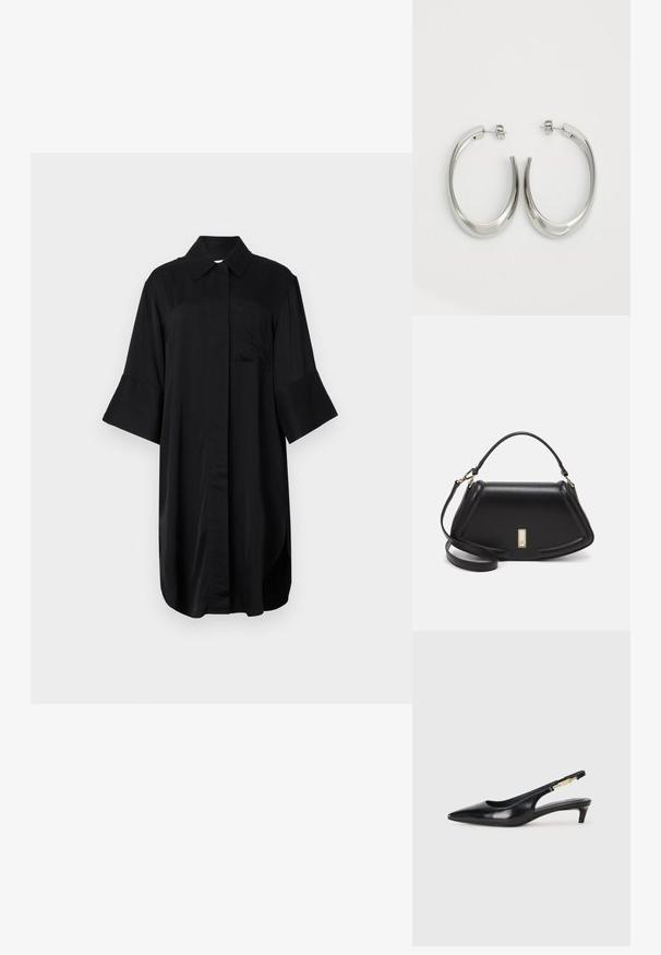 Fekete ingruha, amely galléros nyakkal, rövid harangujjakkal, elülső zsebbel és sima textúrával rendelkezik, egyenes vonalú fazonnal.; Fekete bőr slingback magassarkúk, hegyes orral, vékony sarkakkal és arany színű részlettel a állítható pánton. Simа felület.; Fekete bőr kézitáska, strukturált dizájnnal, rövidített formával, felső fogantyúval és arany színű kiegészítőkkel. Állítható vállpánt is tartozik hozzá.; Ezüst karika fülbevalók sima, ívelt formával. Fényes fémes felülettel és tűs zárral rendelkeznek. Nincsenek látható minták vagy kiegészítők.