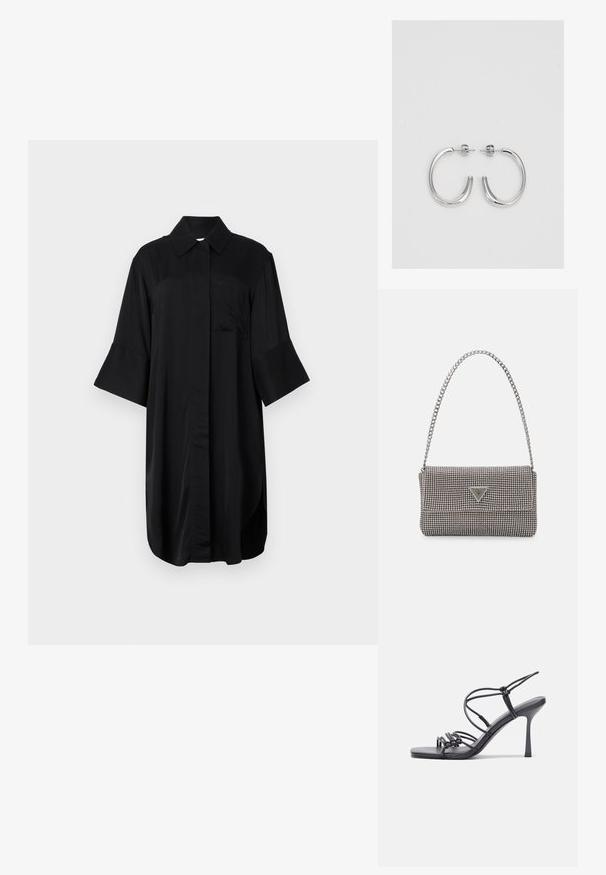 Juoda suknelė marškinių stiliumi su apykakle, trumpomis varpelio formos rankovėmis, priekiu kišenė ir tiesiu kirpimu su lygiu paviršiumi.; Juodos aukštakulnės sandalai pasižymi plonyčiais dirželiais su mazgo dizainu, lygiu kvadratiniu pirštu ir elegantišku stiletto kulnu.; Šviesiai pilka metalinė rankinė su grandinėlės dirželiu, papuošta mažais apvaliais metaliniais smeigėmis ir trikampiu prekės ženklu.; Sidabrinės auskarai žiedai su lygiu, blizgiu paviršiumi. Suapvalinta forma, lengvas dizainas, su uždarymu ant smeigtuko.