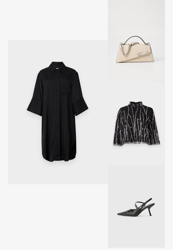 Czarna sukienka koszulowa z kołnierzykiem, krótkimi dzwonkowymi rękawami, boczną kieszenią oraz prostym krojem i gładką fakturą.; Czarny krótki top z wysokim dekoltem, zdobiony pionowymi liniami z srebrnych cekinów, z przezroczystymi rękawami oraz fakturowanym materiałem.; Czarne skórzane sandały na obcasie typu slingback z wydłużonym noskiem, smukłym obcasem i ozdobnym zapięciem na cholewce. Gładka tekstura i elegancka forma.; Beżowa skórzana torebka o zorganizowanym, trójkątnym kształcie, z dwoma srebrnymi łańcuszkami w formie uchwytów i metalowym logo w stylu kursywy.