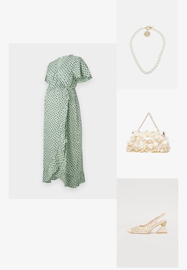 Vestido envolvente verde con estampado de corazones negros, mangas flutter, cintura elástica, detalle de volantes en el frente y un diseño fluido hasta los tobillos.; Zapato slingback beige con parte superior perforada, punta afilada y un tacón triangular en contraste que presenta un acento dorado. Textura lisa en general.; Bolso floral blanco con superficie de tela fruncida, correa de cadena en tono dorado y cierre de metal. Presenta pétalos texturizados para un detalle adicional.; Lauren Ralph Lauren COLLAR - Collar - gold-coloured/white