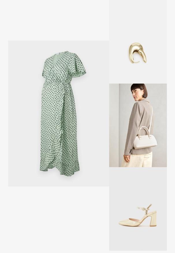 Green wrap dress with black heart print, flutter sleeves, elastic waist, ruffle detail along the front, and a flowing, ankle-length design.; Gold metallic heeled shoe with a pointed toe, an ankle strap featuring a circular clasp, and a chunky heel design. Smooth texture.; White structured handbag with short handles and a shoulder strap, featuring gold hardware accents and textured material, displayed against a grey background.; Gold-tone metal earring with a sleek, curved design. Features a distinctive pointed shape, polished surface, and hinge closure.