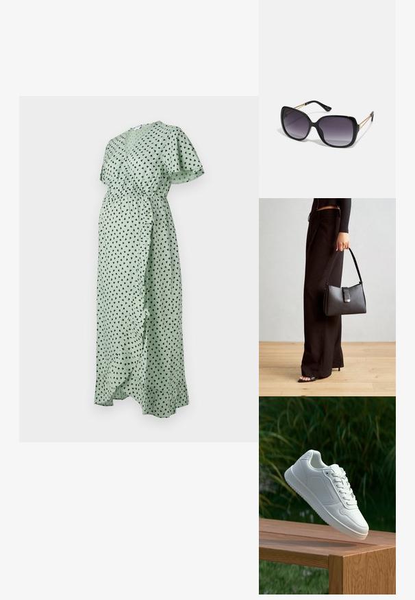 Zelené šaty s wrap dizajnom, s čiernym srdiečkovým vzorom, s volánovými rukávmi, elastickým pásom, volánikom pozdĺž prednej časti a splývavým dizajnom až po členky.; Biele tenisky s hladkým syntetickým zvrškom, perforovanou špičkou, plochými šnúrkami a textúrovanou podrážkou, vystavené na drevenej ploche.; Čierne oversized slnečné okuliare s gradientovými sklíčkami, hrubými rámami a zlatým retiazkovým detailom na stranách.; Čierna kabelka so štruktúrovaným tvarom, hladkou textúrou a kovovou sponou. V kombinácii so širokými čiernymi nohavicami a sandálmi s otvorenou špičkou na drevenej podlahe.