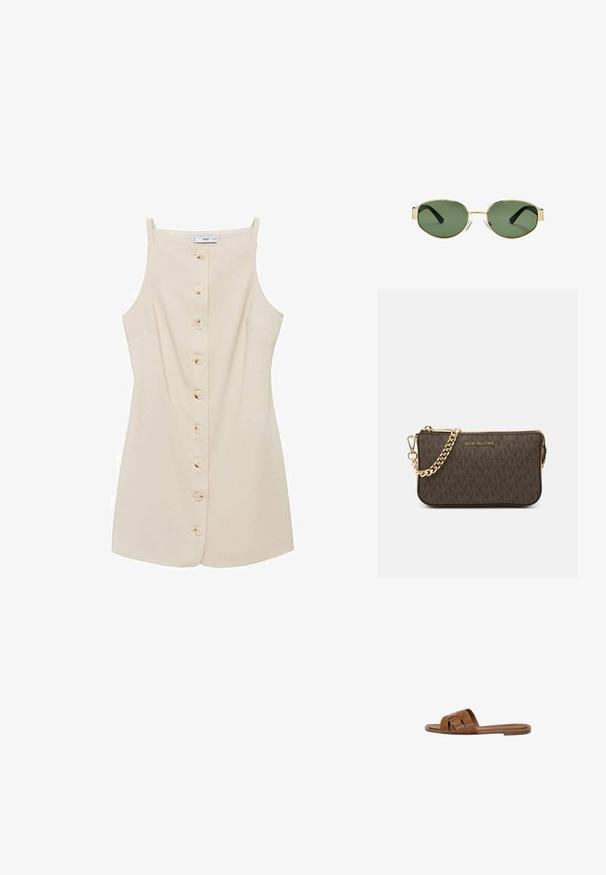 Suknja bez rukava u krem boji, s ravnim dekolteom, šest prednjih dugmadi, blago raširenim oblikom i dva bočna džepa. Glatka tekstura tkanine.; Smeđe kožne sandale na klizanje s ukriženim trakama, ravnim potplatom i glatkom površinom. Jednostavan dizajn bez ukrasa ili uzoraka.; Smešak sunčanih naočala s okvirom zlatne boje i zelenim nijansama, ovalnog oblika, crnim drškama i prozirnim jastučićima za nos. Čist, minimalistički dizajn.; Smeđa kožna torba preko ramena s uzorkom loga, zlatna lanac trakica, zatvaranje na patentni zatvarač i zlatni metalni detalji. Kompaktna i pravokutna forma.