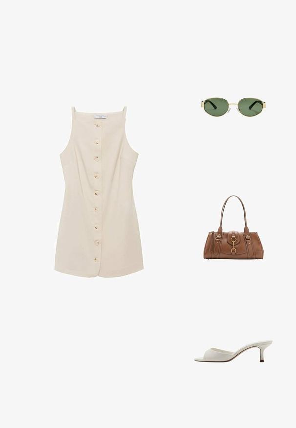 Bezramenné krémové šaty s rovně střiženým výstřihem, šesti předními knoflíky, mírně rozšířeným střihem a dvěma bočními kapsami. Hladká textury látky.; Bílé otevřené lodičky na vysokém podpatku s hladkým povrchem, minimalistickým designem a štíhlým podpatkem, se slabým hnědým akcentem na podrážce.; Sluneční brýle s metalickým zlatým rámem, zelenými skly, oválného tvaru, s černými stranicemi a průhlednými nosními podložkami. Čistý, minimalistický design.; Hnědá kožená kabelka s dvojitými uchy, zlatými kovovými detaily a strukturovaným designem. Disponuje centrálním klopovým uzávěrem s detailním poutkem.