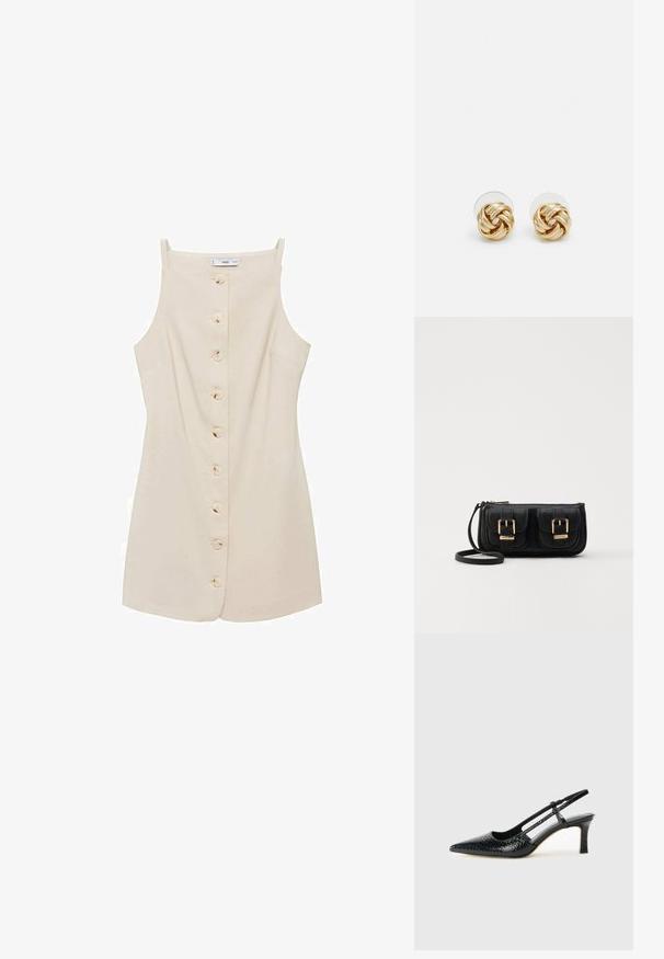 Rochie crem fără mâneci, având un decolteu drept, șase nasturi frontali, o formă ușor evazată și două buzunare laterale. Textură de material neted.; Pantofi cu toc slingback negri din patent, cu vârf ascuțit, cu imprimeu de șarpe texturat, curea ajustabilă și toc scurt texturat.; Geantă neagră din piele, tip crossbody, cu două buzunare frontale, catarame aurii, închidere cu fermoar și o curea subțire. Suprafață texturată și formă rectangulară compactă.; Cercei cu tija aurie, cu un design răsucit. Fiecare cercel are un fundal circular transparent pentru o purtare sigură.