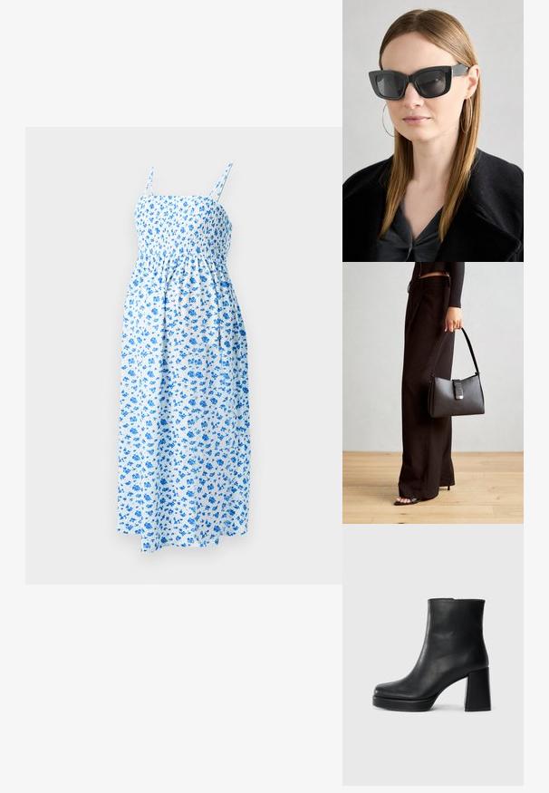 Rochie midi florală albastră cu bretele subțiri și un corset plisat, având un material ușor, texturat pe un fundal alb.; Botină din piele neagră, cu toc pătrat și talpă platformă, văzută din lateral pe un fundal alb simplu.; Ochelari de soare negri tip cat-eye cu lentile întunecate, rame groase și accente subtile. Purtați cu o haină neagră și un top gri, având părul lung și drept.; Genți negre cu o formă structurată, textură netedă și un închizător metalic. Asortată cu pantaloni negri largi și sandale cu vârf deschis pe un podea din lemn.