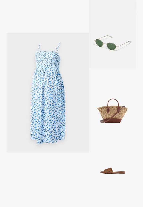 Blaue florale Midi-Kleid mit dünnen Trägern und einem gerafften Oberteil, gefertigt aus einem leichten, strukturierten Stoff auf weißem Hintergrund.; Braune Leder-Sandale mit gekreuzten Riemen, flacher Sohle und glatter Textur. Schlichtes Design ohne Verzierungen oder Muster.; Sonnenbrille mit goldenem Rahmen, grünen ovalen Gläsern und dünnen Metallarmen. Verfügt über klare Kunststoffspitzen an den Armen für zusätzlichen Komfort.; Geflochtene Strohtasche mit braunen Lederakzenten, zwei Griffen und einem abnehmbaren Gurt. Kurvenform mit einem stabilen Boden.
