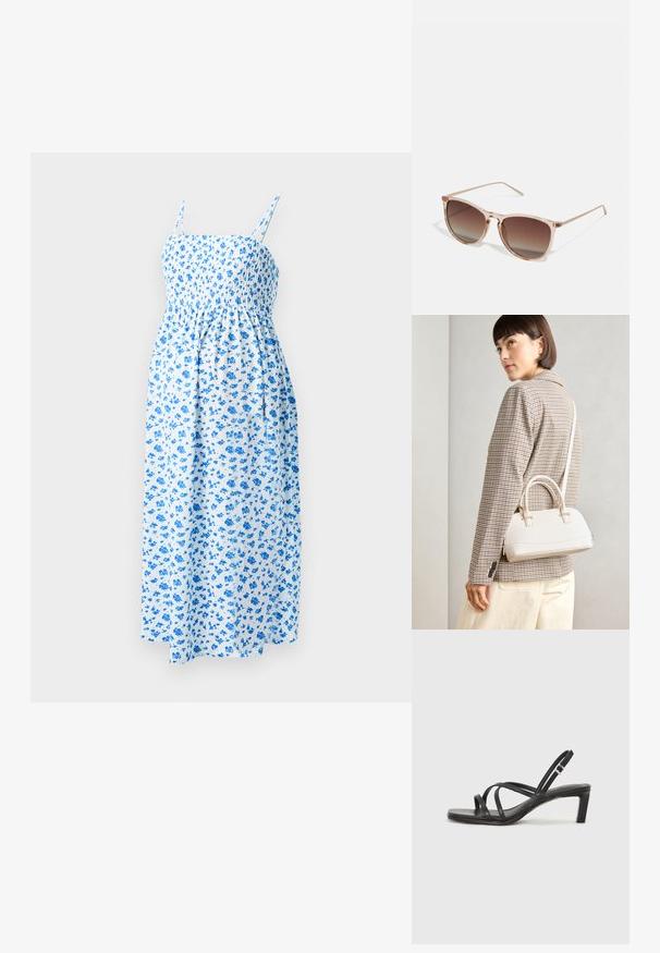 Blaue florale Midi-Kleid mit dünnen Trägern und einem gerafften Oberteil, gefertigt aus einem leichten, strukturierten Stoff auf weißem Hintergrund.; Schwarze Sandale mit Riemchen, quadratischer Zehenform und niedrigem Blockabsatz. Verfügt über mehrere dünne Riemen und einen verstellbaren Knöchelriemen. Hergestellt aus glattem Leder.; Braune Farbverlauf-Sonnenbrille mit einem durchscheinenden rosa Rahmen, quadratischer Form und dünnen Metallbügeln. Verfügt über abgerundete Kanten und minimale Details.; Weiße strukturierte Handtasche mit kurzen Griffen und einem Schultergurt, ausgestattet mit goldfarbenen Hardware-Elementen und strukturiertem Material, vor einem grauen Hintergrund präsentiert.