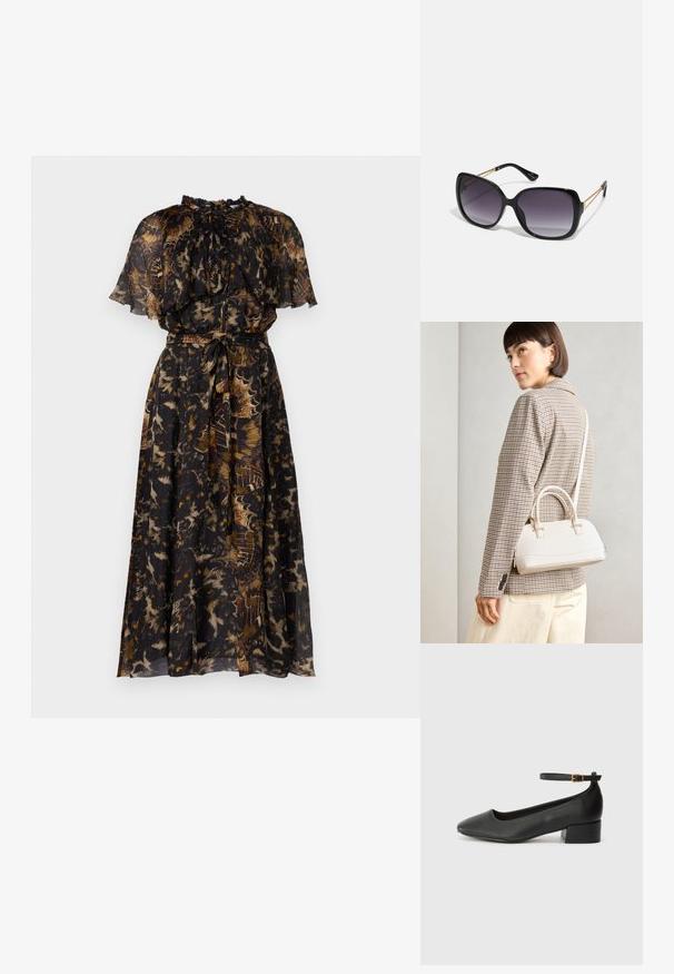 Fekete és színes virágmintás ruha rövid, fodros ujjal, hangsúlyozott derékkal és megkötős övvel. Könnyű, folyékony anyag.; Fekete bőr magassarkú cipő hegyes orral és alacsony tömb sarkal. Bokapánttal rendelkezik, aranyszínű csattal. Simább textúra.; Fekete, oversize napszemüveg fokozatos árnyalatú lencsékkel, vastag kerettel és arany színű lánc díszítéssel a szárakon.; Fehér, strukturált kézitáska rövid füllel és vállpánttal, arany színű fém kiegészítőkkel és texturált anyagból, szürke háttér előtt bemutatva.