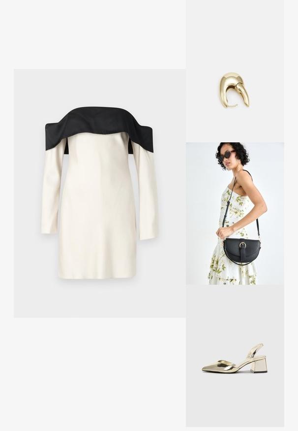 Sukienka z odkrytymi ramionami z czarnym satynowym kołnierzykiem, długimi rękawami i kremowym materiałem. Gładka tekstura z dopasowanym krojem.; Złote, metaliczne szpilki z boku z wydłużonym noskiem i grubym obcasem. Gładka faktura, minimalistyczny design i wąski pasek.; Czarna skórzana torebka o zakrzywionym kształcie, z odpinanym paskiem i złotymi akcentami. Torebka posiada klapę z zapięciem w kształcie klamry.; Złote metalowe kolczyki o eleganckim, zakrzywionym kształcie. Posiadają charakterystyczny szpiczasty kształt, polerowaną powierzchnię oraz zapięcie na zawias.