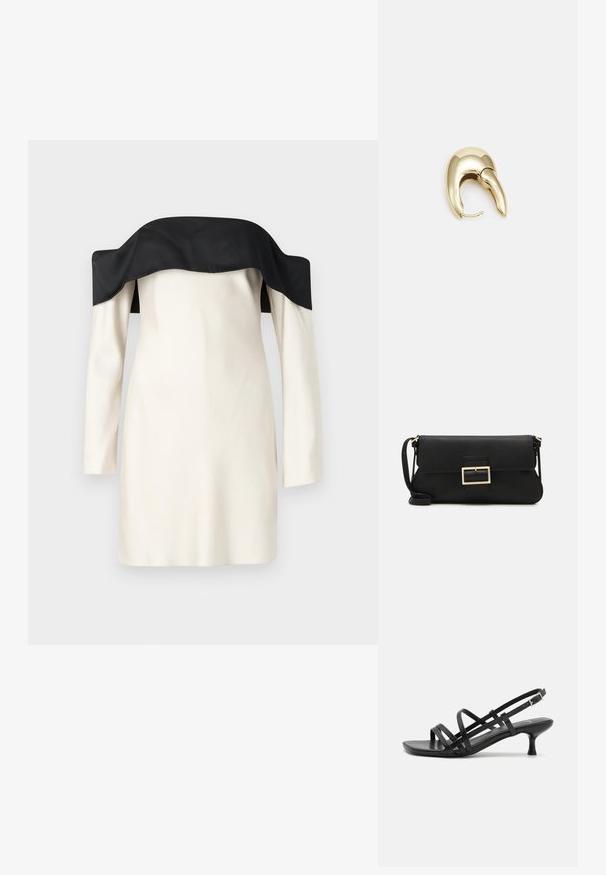 Robe décolletée avec un col en satin noir, des manches longues et un corps en tissu crème. Texture lisse avec une coupe ajustée.; Sandales à talons noirs avec plusieurs brides entrecroisées. Matériau lisse, bout pointu et talon étroit. Bride de cheville ajustable avec boucle.; Pochette en cuir noir avec un rabat et un détail en boucle en métal doré. Inclut une sangle noire et un design épuré et minimaliste.; Boucle d'oreille en métal doré avec un design élégant et courbé. Présente une forme conique distinctive, une surface polie et une fermeture à charnière.