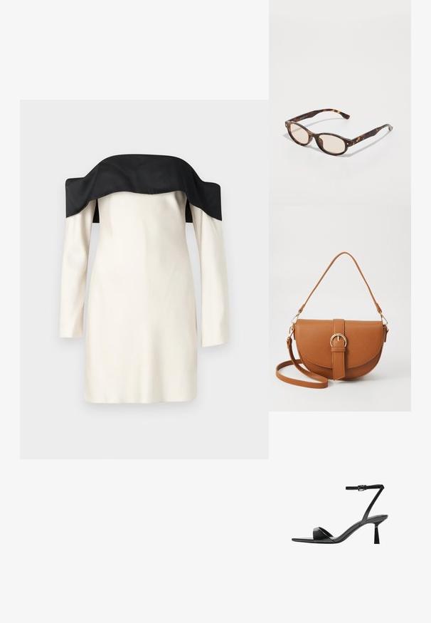 Váll nélküli ruha fekete selyem gallérral, hosszú ujjakkal és krémszínű testanyaga. Simább textúrájú, testhezálló fazon.; Bershka Magas sarkú szandálok - black; Tortáboros napszemüveg lekerekített formával és világos lencsékkel. Masszív karokkal rendelkezik, apró arany részletekkel, műanyagból készült.; Barna bőr keresztbody táska ívelt formával, aranyszínű fémrészekkel és csat díszítéssel. Levehető vállpánttal rendelkezik.