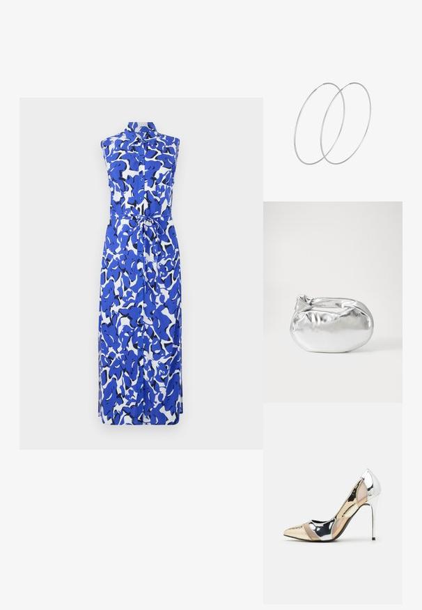 Mėlyna ir balta be rankovių suknelė su mygtukų priekiu, apykakle ir juosmens juosta. Abstrakti raštas su įvairiais mėlynos atspalviais ir juodais akcentais.; Aštrus pirštas aukštakulnis batelis su sidabro, aukso ir nuogų spalvų deriniu. Blizgus paviršius su išpjovos dizainu, su stiletto kulnu.; Sidabrinė metalinė maišelio forma su švelnia, apvalia forma ir mazgu užveriamu viršumi. Pagaminta iš lygios dirbtinės odos medžiagos.; Sidabrinės pusmėnulio auskarai minimalistiniu dizainu. Apskritimo forma, lygus paviršius ir plonas profilis. Lengvi su poliruotu apdailu.