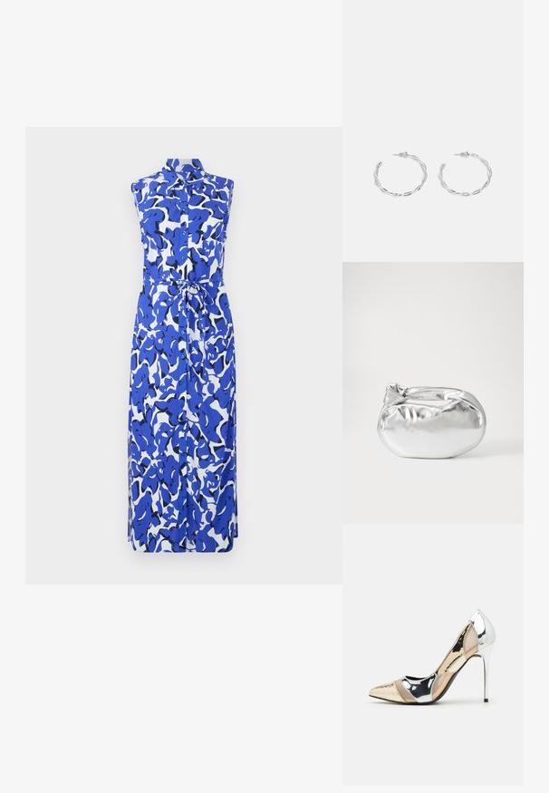 Sininen ja valkoinen ilman hihoja oleva mekko, jossa on nappikiinnitys, kaulus ja vyönsolki. Abstrakti kuvio, jossa on vaihtelevaa sinisen sävyä ja mustia aksentteja.; Korkokenkät, joissa on terävä kärki ja hopea, kultainen sekä nude-väriyhdistelmä. Kiiltävä pinta ja leikkausdesign, varustettuna stikettikorkealla.; Hopeapintainen metallinen pussilaukku, jolla on pehmeä, pyöreä muoto ja solmittava yläosa. Valmistettu sileästä tekonahkamateriaalista.; Hope hopea, joissa on kierren muotoilu, kiiltävä pinta ja takana kiinnitettävä suljin. Halkaisija noin 3 cm.