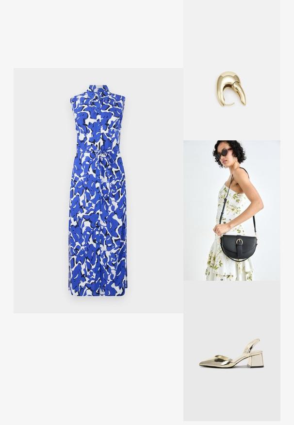 Mėlyna ir balta be rankovių suknelė su mygtukų priekiu, apykakle ir juosmens juosta. Abstrakti raštas su įvairiais mėlynos atspalviais ir juodais akcentais.; Auksiniai, metaliniai slingback aukštakulniai bateliai su smailiu pirštu ir masyviu kulnu. Lygus paviršius, minimalizmo dizainas ir siaura juostelė.; Juodas odinis krepšys su išlenkta forma, nuimamu dirželiu ir auksiniais detalėmis. Krepšys turi kilpą su sagtimi.; Aukso tono metalinės auskarai su stilingu, kreiviu dizainu. Išsiskiria ryškiu smailiu pavidalu, poliruota paviršiumi ir užsegimu su vyriu.