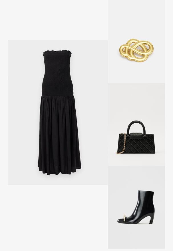Schwarzes Maxikleid mit einem gerafften Oberteil, einem rüschigen oberen Rand und einem fließenden Rock. Der Stoff scheint leicht und hat eine subtile Textur.; Schwarzer Knöchelschuh aus glänzendem Leder, mit einer spitzen Zehenform und einem dekorativen gold- und silberfarbenen Akzent an der Vorderseite. Blockabsatz-Design.; Schwarze Handtasche aus strukturiertem Leder mit einem Diamantmuster, goldfarbener Kette, einem oberen Griff und einem Logo-Prägung Klappenverschluss.; Goldfarbener Brosche mit einem geknoteten Design, sanften, geschwungenen Linien und einer filigranen Form, die eine polierte Oberfläche widerspiegelt.