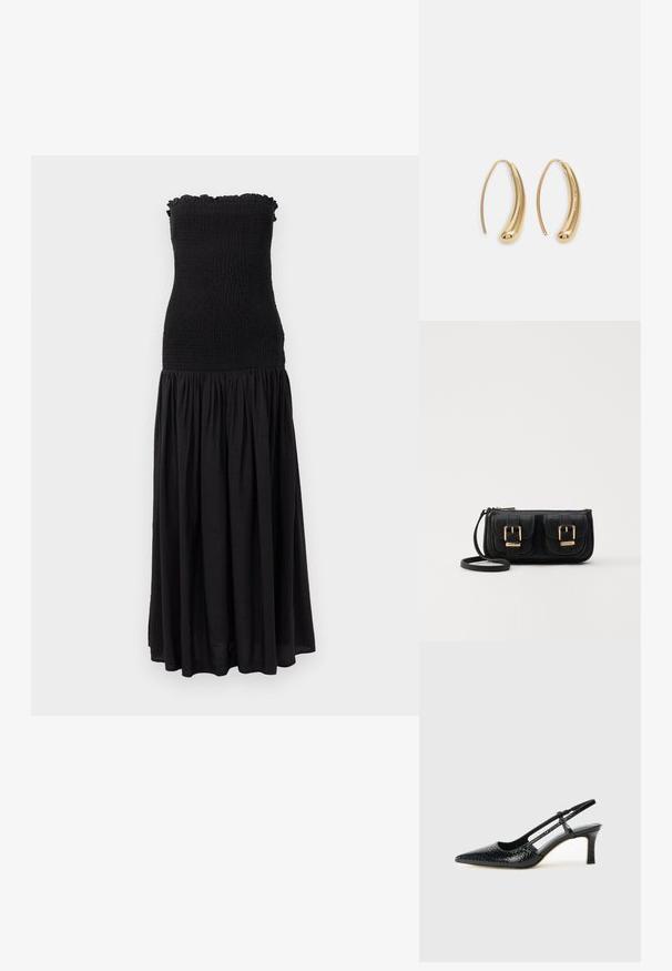 Rochie maxi neagră cu un corset plisat, margine superioară volanată și fustă fluidă. Materialul pare ușor, cu o textură subtilă.; Pantofi cu toc slingback negri din patent, cu vârf ascuțit, cu imprimeu de șarpe texturat, curea ajustabilă și toc scurt texturat.; Geantă neagră din piele, tip crossbody, cu două buzunare frontale, catarame aurii, închidere cu fermoar și o curea subțire. Suprafață texturată și formă rectangulară compactă.; Cercei din metal auriu, cu un design curbat și alungit. Au o suprafață netedă și strălucitoare, cu un vârf rotunjit pentru un detaliu suplimentar.