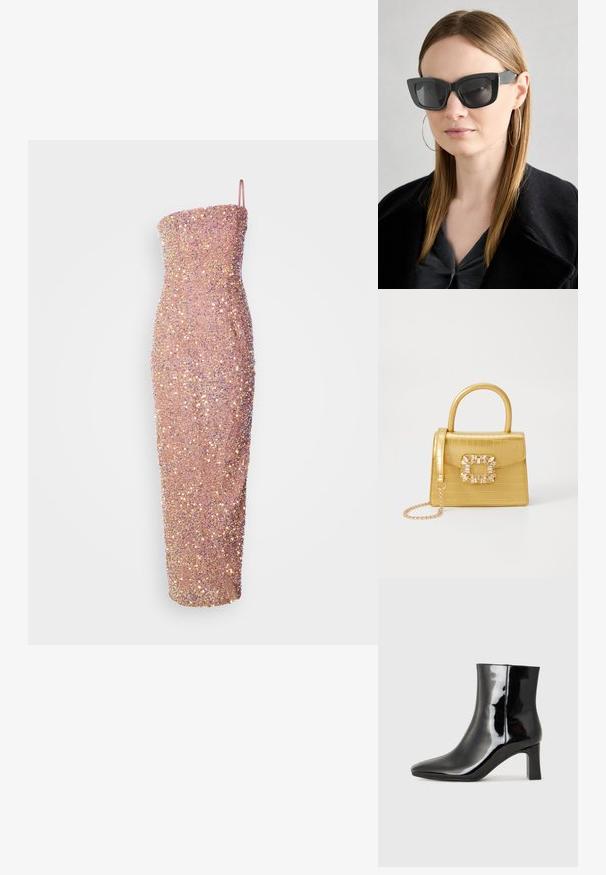 Rochie midi fără bretele, ajustată pe corp, într-o nuanță roz deschis, împodobită cu paiete pentru textură și strălucire. Siluetă elegantă cu decolteu drept.; Botine negre din piele lacuită, cu vârful ascuțit și toc bloc de înălțime medie. Textură netedă și design minimalist.; Ochelari de soare negri tip cat-eye cu lentile întunecate, rame groase și accente subtile. Purtați cu o haină neagră și un top gri, având părul lung și drept.; Geantă galbenă din faux-crocodil cu un design structurat, mână superioară, curea detașabilă cu lanț și embellisment decorativ cu cristale pe închidere.