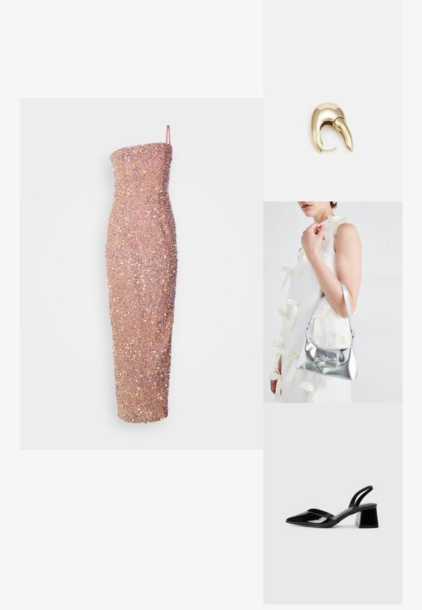 Bez ramínek, dokonale padnoucí midi šaty ve světle růžové barvě, zdobené flitry pro texturu a třpyt. Elegantní silueta s rovnoměrným výstřihem.; Černé lakované kožené lodičky na pásku s špičatou špičkou a geometrickým blokovým podpatkem. Vyznačují se elegantním, minimalistickým designem a hladkým povrchem.; Stříbrná kovová kabelka se strukturovaným tvarem, s horním držadlem a detailem v podobě mašle na přední straně. Hladký povrch, reflexní lesk.; Náušnice ve zlatém tónu z kovu s elegantním zakřiveným designem. Vyznačují se jedinečným špičatým tvarem, lesklým povrchem a závěsem na kloub.