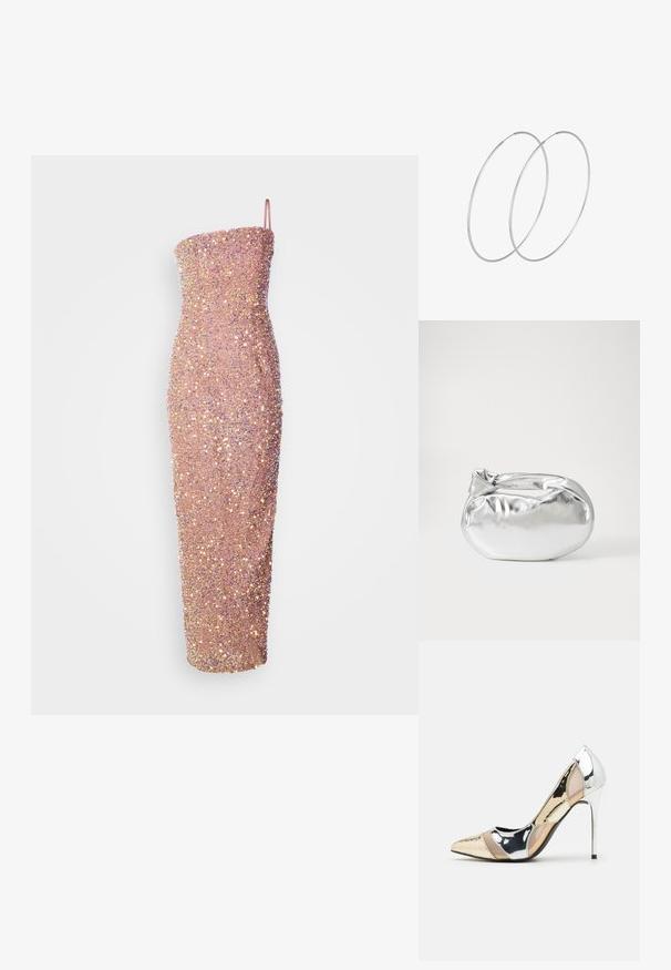 Haljina srednje dužine bez naramenica, pripijena uz tijelo u svijetlo ružičastoj boji, ukrašena šljokicama za teksturu i sjaj. Elegantan kroj s ravnim dekolteom.; Cipele s visokom potpeticom i špicastim vrhom u srebrnoj, zlatnoj i nude boji. Sjajan finiš s izrezbarenim dizajnom, s potpeticom u obliku stiletto.; Srebrna metalik torbica s mekim, zaobljenim oblikom i čvorastim zatvaranjem na vrhu. Izrađena od glatke sintetičke kože.; Srebrne okrugle naušnice s minimalističkim dizajnom. Kružni oblik, glatka tekstura i tanak profil. Lagane s poliranim završetkom.