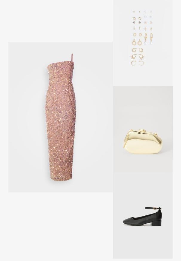 Olkaimeton, vartalonmyötäinen midi-mekko vaaleanpunaisena, koristeltu paljeteilla tuomaan tekstuuria ja kimalletta. Hieno siluetti suoralla kaula-aukolla.; Mustat nahkakengät, joissa on terävä kärki ja matala lohkare korko. Varustettu nilkkahihnalla, jossa on kultasävyinen solki. Lisää sileä pinta.; Metallinen kultainen clutch, jossa on sileä ja pyöreä muoto. Sen yläosassa on nappilukko ja pieni ketjuhihna kuljettamista varten.; Kultasetti kultaisenvärisiä korvakoruja, jotka sisältävät erilaisia muotoiluita, kuten nappikorviksia, rengaskorviksia ja roikkuvia korviksia, joissa on helmiä ja strasseja.