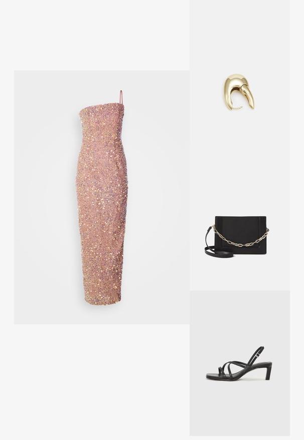 Rihmatu, kehakujuline midi kleit helesooni värvuses, kaunistatud litritega tekstuuri ja sära jaoks. Sujuv siluett sirge dekolteega.; Mustast rihmajalatsid ruudukujulise varba ja madala ploki kontsaga. Omab mitmeid õhukesi rihmasid ja reguleeritavat pahkluu rihma. Valmistatud siledast nahast.; Mustast nahast õlakott, mis omab siledat tekstuuri, ristküliku kuju ning esiküljel metallketi detaili. Reguleeritav rihm on kaasas.; Kuldtooni metallist kõrvarõngas, millel on elegantne ja kaarjas disain. Omab silmapaistvat teravat kuju, poleeritud pinda ja hingesulgemist.