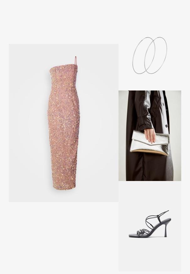 Enostavna midi obleka brez naramnic, prilegajoča se telesu, v svetlo roza barvi, okrašena s sijajnimi bleščicami za teksturo in sijaj. Gladka silhueta s ravnim izrezom.; Črne visoke sandale na peto imajo tanke naramnice z vozlom, gladek kvadratni toe in eleganten stiletto peto.; Srebrna kovinska torbica s angularnim kuvertastim dizajnom, gladko teksturo in kontrastno notranjo barvo, ki jo drži roka v črnem plašču.; Srebrne uhane v obliki obroča z minimalističnim dizajnom. Krožna oblika, gladka tekstura in tanek profil. Lahki s poliranim zaključkom.
