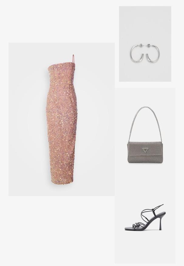 Bezplecu, pieguļošs midi kleita gaiši rozā krāsā, rotāta ar sekvīnēm, piešķirot tekstūru un spīdumu. Gluda silueta ar taisnu dekoltē.; Melnas augstpapēžu sandales ar plāniem siksniņām un mezgla dizainu, gluda kvadrātveida purngalu un elegantu stiletto papēdi.; Gaiši pelēka metāla rokassoma ar ķēdes siksnu, rotāta ar mazām apaļām metāla kniedēm un trīsstūra zīmola logo.; Sudraba stīpas auskari ar gludu, spīdīgu virsmu, izceļas ar izliektaveida formu un aizdari ar tapu. Minimālistisks dizains ar mūsdienīgu apdari.