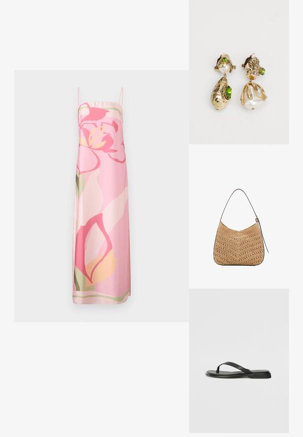 Abito senza maniche rosa con motivo floreale nei toni del rosa, giallo e verde. Realizzato in tessuto morbido con una silhouette dritta.; Infradito neri in pelle liscia, con un design a fascia sottile e una suola piatta dal profilo minimale. Nessun motivo o accento particolare.; Borsa a spalla in paglia intrecciata con forma curva, dotata di una tracolla in pelle scura e superficie testurizzata con motivo a zigzag.; Orecchini in tono dorato caratterizzati da forme irregolari e texture, adornati con gemme verdi e perle bianche, fissati con chiusure a clip.