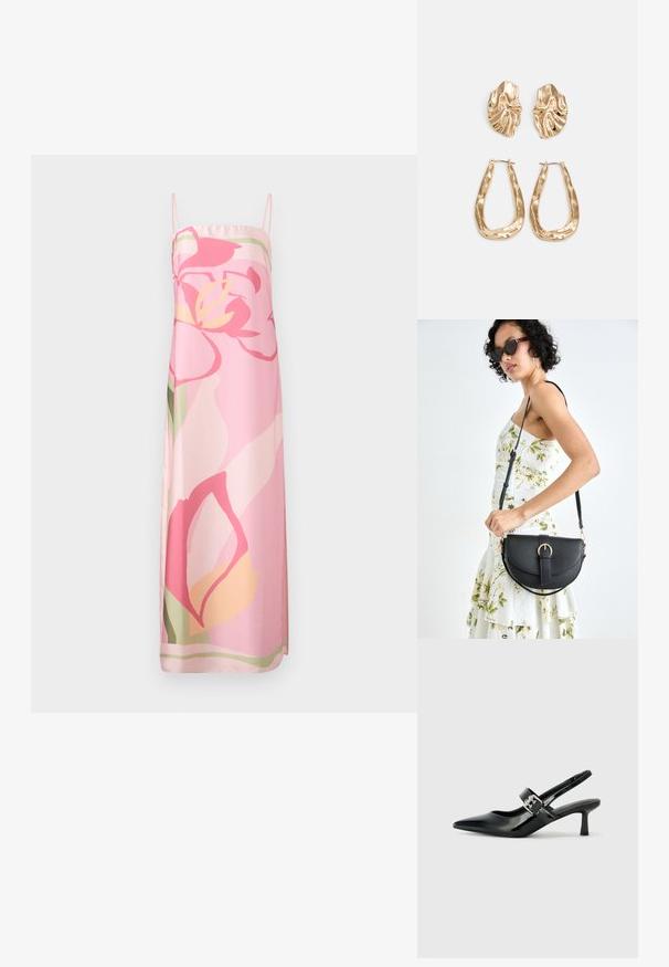 Sømløs rosa kjole med et blomstertrykk i nyanser av rosa, gult og grønt. Laget av glatt stoff med en rett silhuett.; Svarte patent lær slingback hæler med spiss tå og en liten blokkheel, med en sølvspenne som detalj på stroppen.; Svart lærveske med en buet form, avtagbar stropp og gullbeslag. Vesken har et klaff med spenne-detall.; Gullfargede øredobber med teksturerte, bølgete former. Inkluderer skulpturelle klipsstuds og åpen hoop-design med en hamret finish.