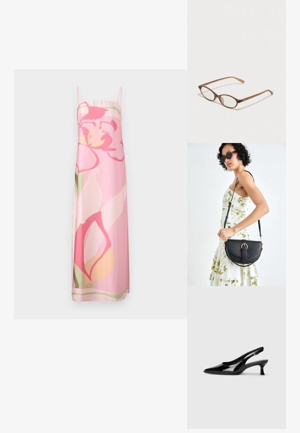 Bešalčio rožinė suknelė su gėlių raštu rožinės, geltonos ir žalios spalvų atspalviais. Pagaminta iš lygaus audinio, turinti tiesią siluetą.; Juodų lakinės odos slingback batų su smailiu šonu ir žemu blokiniu kulnu. Reguliuojama sagtis aplink kulkšnį.; Rudos aukso dėklai su ovaliais lęšiais, plonomis kojelėmis ir skaidriais akcentais. Ant šventyklos yra subtilus logotipas. Plonas, lengvas dizainas.; Juodas odinis krepšys su išlenkta forma, nuimamu dirželiu ir auksiniais detalėmis. Krepšys turi kilpą su sagtimi.