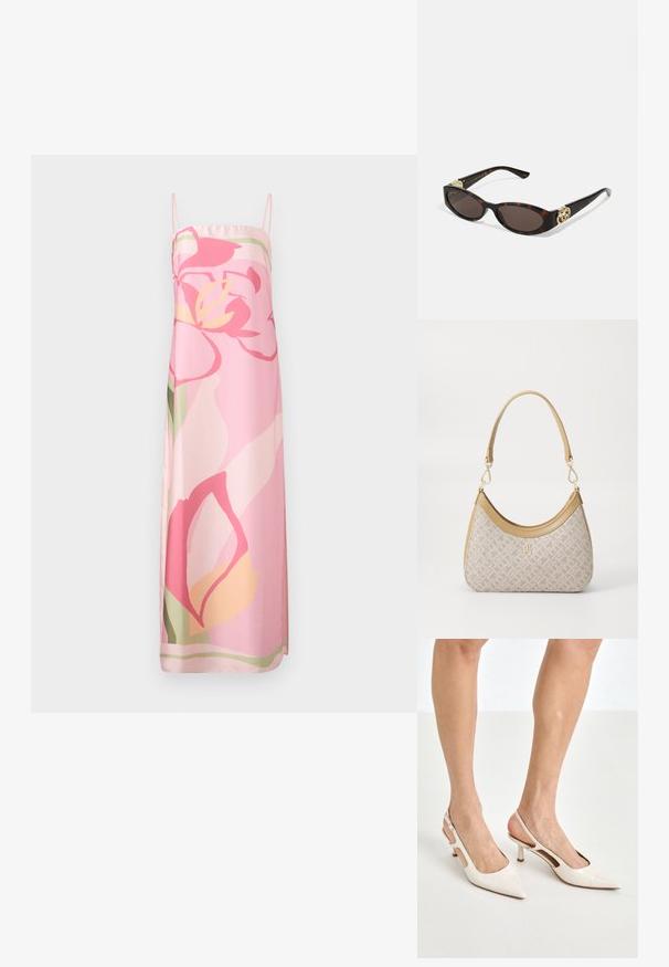 Sleeveless pink dress featuring a floral pattern in shades of pink, yellow, and green. Made of smooth fabric with a straight silhouette.; Beige patent leather slingback heels with a pointed toe and 5 cm heel, featuring cut-out sides and a thin ankle strap.; Tortoiseshell sunglasses with elongated oval lenses, brown tint, gold logo accents on temples, and sleek black arms.; Beige patterned handbag with a curved shape, leather accents, and a gold-tone logo on the front. Features a short handle for easy carrying.