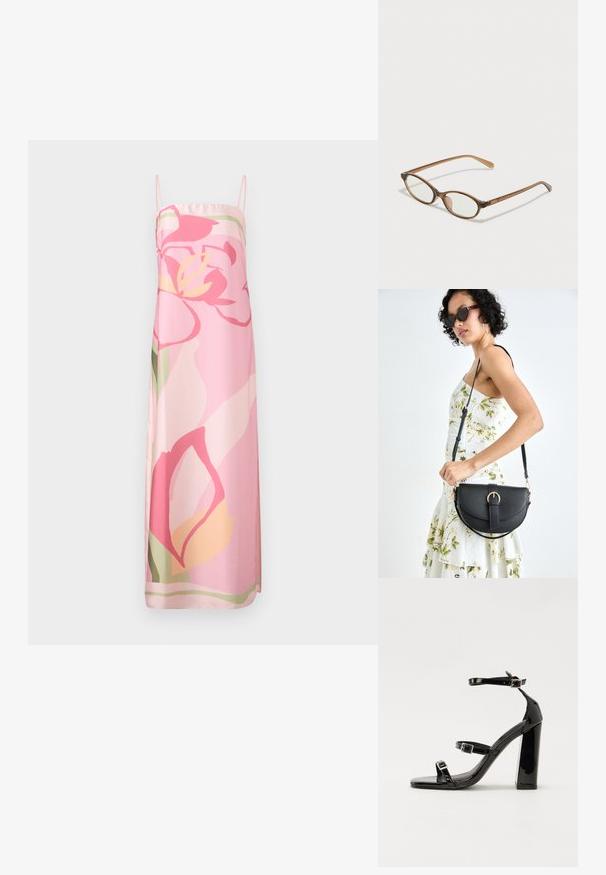 Ärmelloses pinkes Kleid mit floralem Muster in Schattierungen von Pink, Gelb und Grün. Hergestellt aus glattem Stoff mit gerader Silhouette.; Schwarze patentierte Sandalen mit Absatz, quadratischer Spitze, Knöchelriemen und silbernen Schnallen. Mit einem stabilen Blockabsatz für mehr Stabilität.; Braune Schildpatt-Brille mit ovalen Gläsern, dünnen Bügeln und transparenten Akzenten. Verfügt über ein dezentes Logo am Bügel. Elegantes, leichtes Design.; Schwarze Lederhandtasche mit geschwungener Form, abnehmbarem Tragegurt und goldenen Beschlägen. Die Tasche verfügt über einen Deckel mit einer Schnallen-Details.