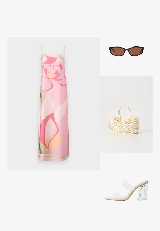 Różowa sukienka bez rękawów z kwiatowym wzorem w odcieniach różu, żółci i zieleni. Wykonana z gładkiego materiału o prostym kroju.; Przezroczyste sandały na obcasie z przezroczystymi paskami, beżową wkładką oraz masywnym przezroczystym blokowym obcasem. Elegancki i gładki design o minimalistycznej estetyce.; Okulary przeciwsłoneczne w kolorze żółwia z brązowymi soczewkami, o eleganckim owalnym kształcie i połyskującym wykończeniu. Posiadają subtelne srebrne akcenty na oprawkach.; Biała torebka z teksturowanymi, falistymi ozdobami w kształcie muszli. Posiada plecioną rączkę oraz srebrny łańcuch, co zapewnia wszechstronność.