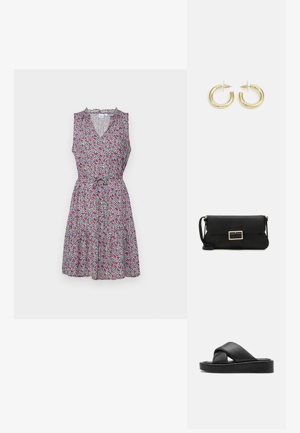 GAP ZEN EWAIST - Freizeitkleid - pink multi floral; Schwarze Leder-Sandalen mit Kreuzriemen-Design, flache Plattformsohle und glatter Textur. Minimalistische und monochrome Ästhetik.; Schwarze Leder-Clutch mit Klappe und goldfarbenem Metallschnallen-Detail. Enthält einen schwarzen Riemen und ein schlankes, minimalistisches Design.; Goldene Creolen mit einer glatten, glänzenden Oberfläche. Zirkuläres Design mit einem kleinen Stecker und einer klaren Rückseite für einen sicheren Sitz.