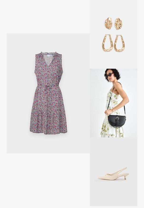 GAP ZEN EWAIST - Denní šaty - pink multi floral; Sandalové boty s špičatou špičkou v krémové kůži, zdobené malou mašlí a nízkým klínkem. Hladký povrch, minimalistický design.; Černá kožená kabelka s křivkovým tvarem, odnímatelným popruhem a zlatými detaily. Kabelka má klopu s přezkou.; Náušnice ve zlatém tónu s texturovanými, vlnitými tvary. Obsahují sochařské klipy a design otevřeného kruhu s kladivkovým povrchem.
