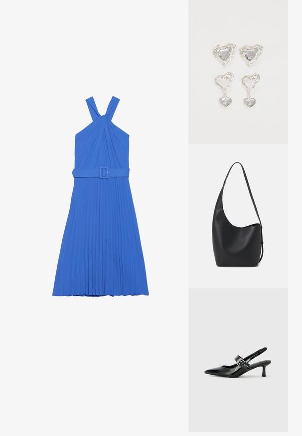 Zila plīša kleita ar haltera kakla dizainu, ar mezglotiem siksnām un atbilstošu jostu jostasvietā. Gluda auduma tekstūra.; Melnas lakotas ādas sūkņa kurpes ar norādītu purngali un mazu bloku papēdi, ar sudraba sprādzi akcentā uz jostas.; Melnas ādas hobo soma ar gludu tekstūru, izliekta forma un vienu regulējamu jostu; augšā ir plaša atvere.; Sudraba sirds formas auskari ir rotāti ar daudzšķautņainiem caurspīdīgiem akmeņiem un ar teksturētu rāmi. Komplektā iekļauti gan pērlīšu, gan pilienu stili.